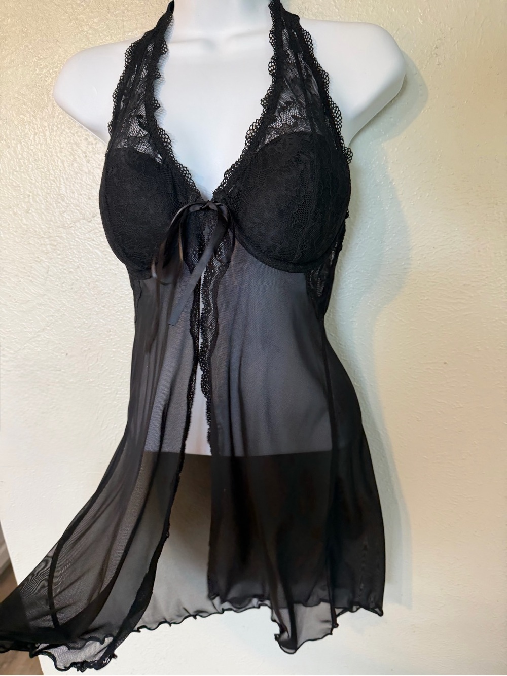 Y2K Black Lace & Mesh Fairygoth Halter Push-Up Bra Top Sheer flyaway Chemise 34C